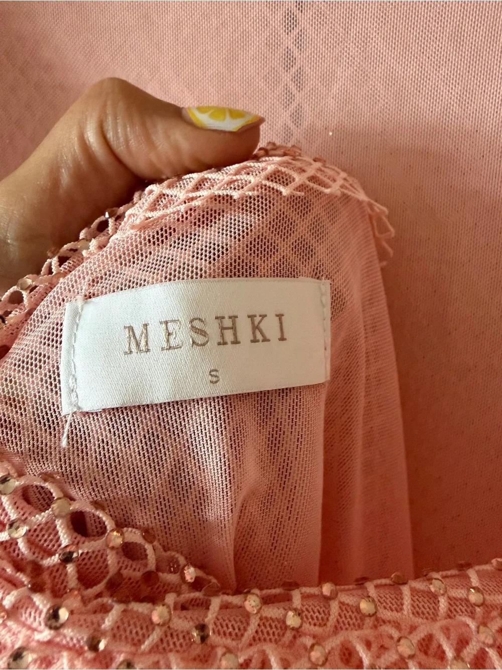 Meshki Samira Flare Sleeve Diamante Mesh Mini Dress Baby Pink size Small - Picture 6 of 8